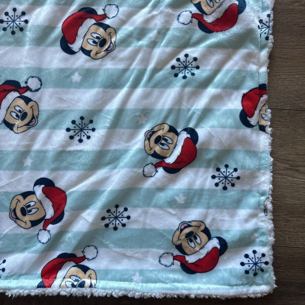 Disney Mickey Mouse Christmas Baby Blanket White Stripes Star Snowflakes Winter